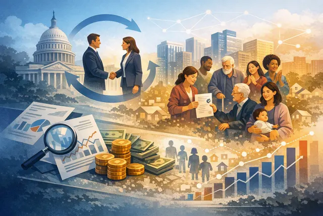 Abstract illustration of financial support connections, representing Lightning Reach's platform connecting people with benefits and grants
