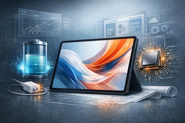 Concept render of the Xiaomi Pad 9 tablet on a desk, with a battery icon and comparison chart faintly overlaid.