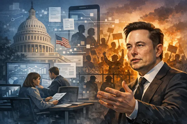 Digital illustration contrasting Elon Musk with imagery of violent street riots and social media hate speech amplification.
