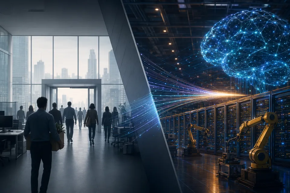 Abstract editorial image contrasting tech layoffs with AI infrastructure investment