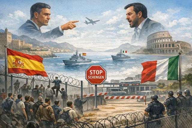 An aerial view of Ceuta's coastline with migrants and border guards at the fence separating Morocco and Spain, symbolizing the July 2026 migrant surge that triggered the EU's inter