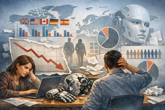 A frustrated office worker staring at a computer screen with glowing AI interface elements, representing knowledge worker disillusionment with generative AI