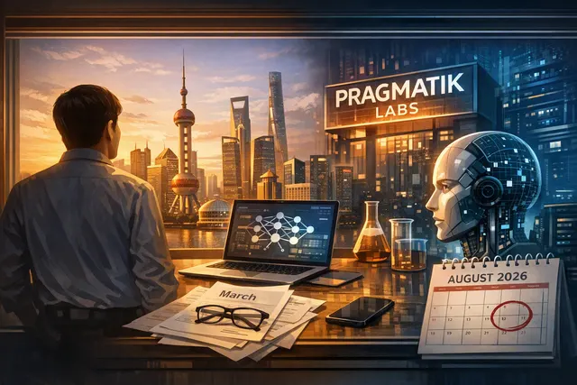 Abstract illustration of an AI agent connecting a digital workspace with a physical-world environment for a story about Pragmatik Labs
