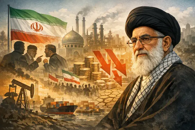 Editorial visualization of Iran's leadership crisis, economic pressure, and the Strait of Hormuz standoff in 2026