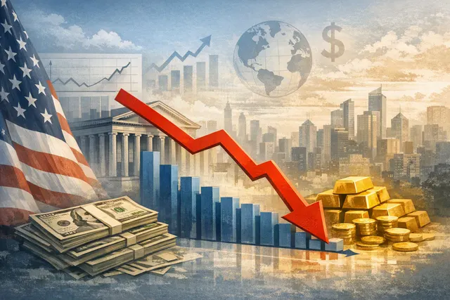 A stylized illustration of a US dollar bill and Treasury bond fading, with gold bars and Asian/European stock market charts rising in the background.