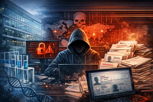 Abstract illustration of data breach or cybersecurity incident, with digital lock and medical cross imagery, referring to the June 2026 Novo Nordisk clinical trial data cyberattack