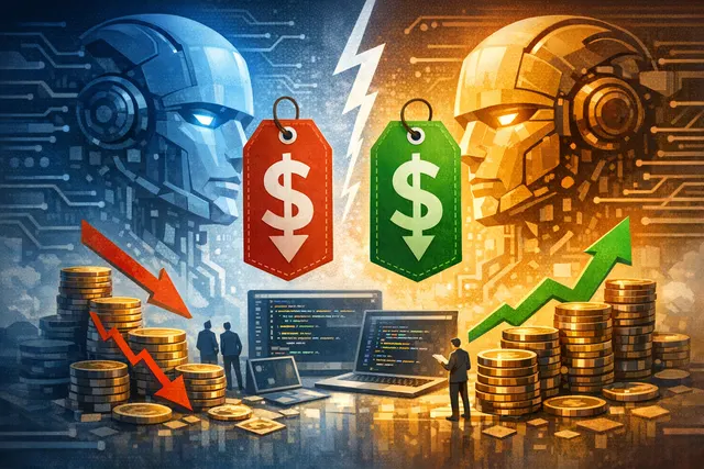 OpenAI and Anthropic logos facing off over a pricing chart with a downward arrow, symbolizing the AI token price war and enterprise cost reckoning ahead of both companies' expected