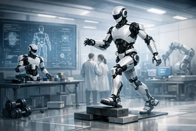 Conceptual illustration of a humanoid robot with whole-body coordination, representing Gemini Robotics 2's full-body intelligence from feet to fingertips.