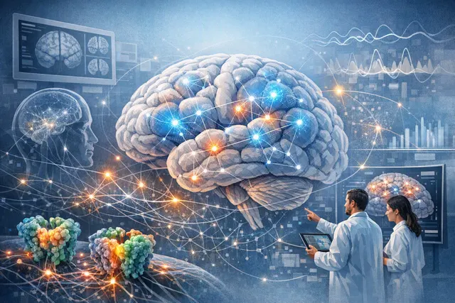 Abstract visualization of a whole-brain computer model showing neural network connections and acetylcholine receptor density across cortical regions
