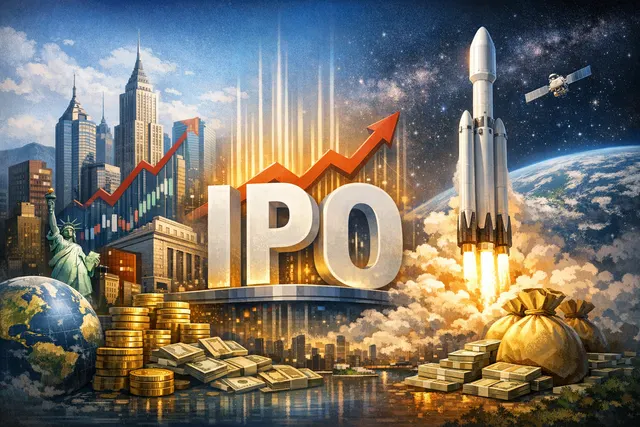 A rocket symbolizing the historic SpaceX IPO launch above a graph depicting global stock market growth.