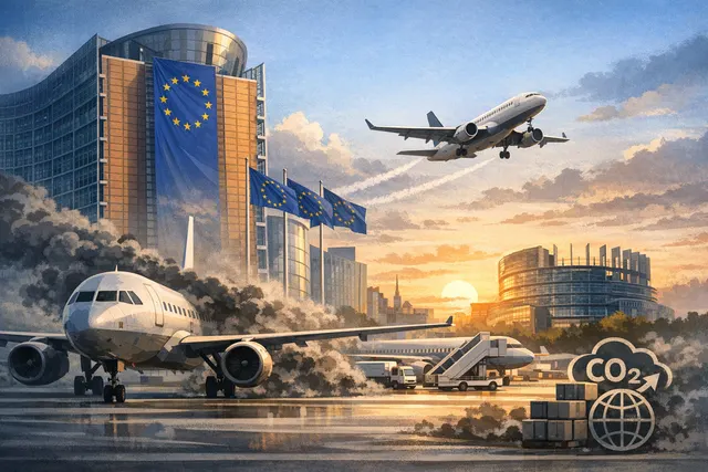 An airplane flying over a European cityscape, with a large, stylized price tag and a rising graph line symbolizing carbon costs, in a dramatic, tech-infused aesthetic.