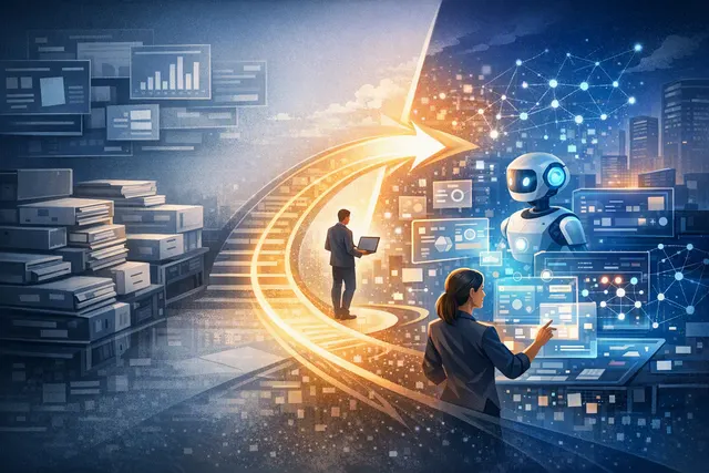 Conceptual illustration of AI agents transforming enterprise software from a passive record-keeping system to an active, autonomous execution engine.