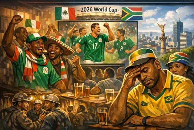 African fans rallying behind Mexico in a World Cup protest against xenophobic violence in South Africa, with a split stadium scene showing contrasting team colors and continental t
