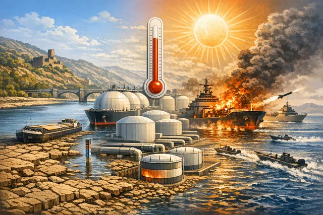 A conceptual image showing a dry, cracked riverbed and an industrial gas storage facility, representing Europe's converging energy crises of drought and gas shortages in 2026.