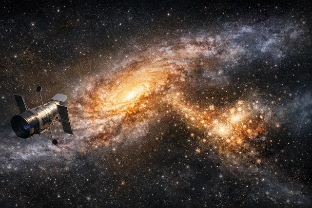 Illustration of the young Milky Way absorbing the dwarf galaxy Low-energy-Kraken-Heracles