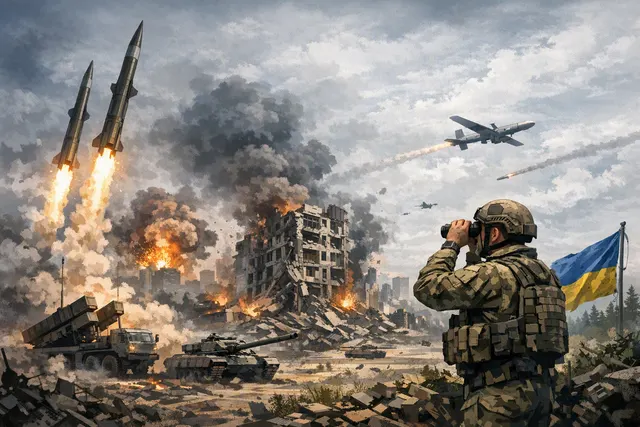 A dramatic night sky over Kyiv with missile trails and explosions illuminating the city skyline, representing the record Russian ballistic missile attacks in July 2026.
