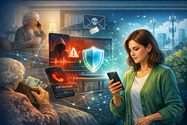 Abstract illustration of a shield with a phone inside, representing Guardião's AI-powered scam blocking technology