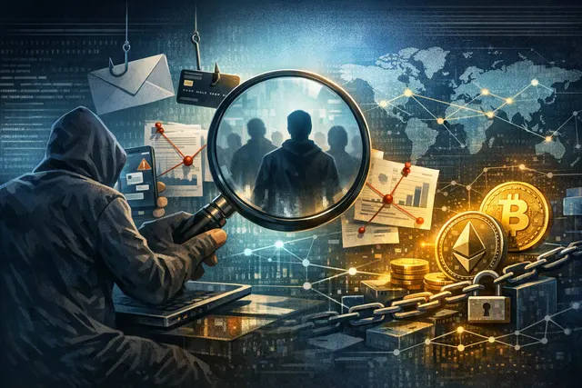 Illustration of cryptocurrency funds moving from Coinbase through a blockchain mixer while an investigator traces wallet connections