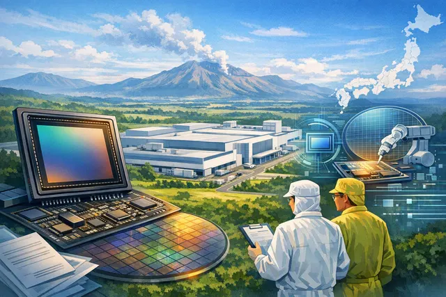 Conceptual illustration of semiconductor manufacturing, representing the Sony and TSMC joint venture in Kumamoto, Japan, for next-generation image sensors.