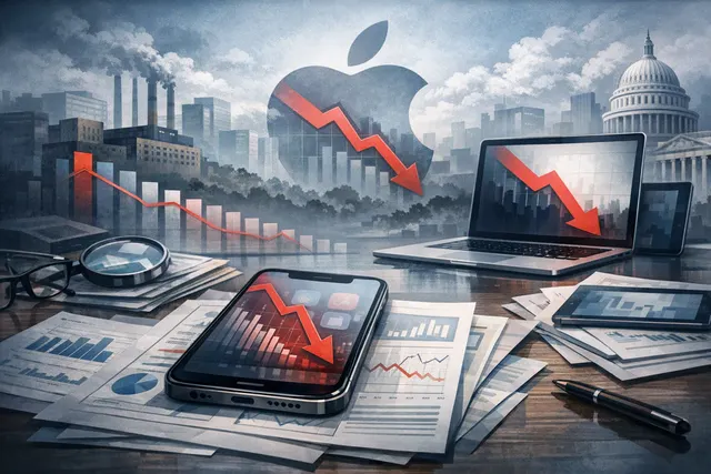 Editorial illustration showing Apple’s App Store revenue slowdown alongside falling PC market shipments