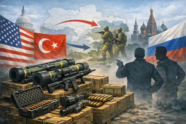 Silhouette of a military rocket launcher against a night sky with maps and flags of the United States, Turkey, Ukraine, and Russia in the background