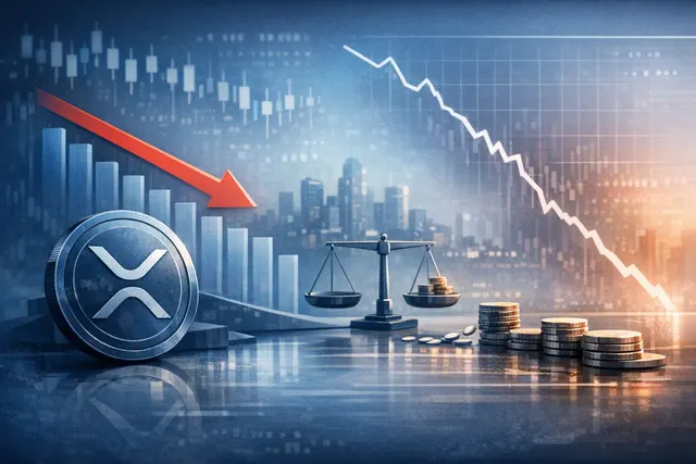 XRP price chart showing bearish trend near $1.00 with downward arrows and bear market indicators