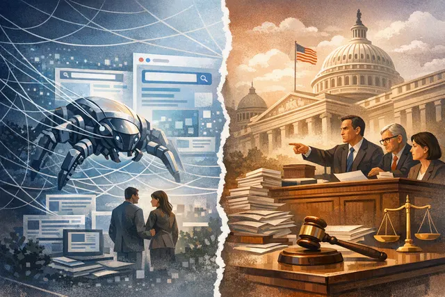 Editorial illustration of Googlebot as a dual-purpose crawler feeding both search results and AI products, with publisher and regulator symbols in the background