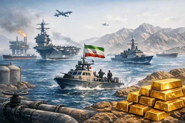 AI-generated editorial illustration of the Strait of Hormuz crisis, with oil tankers, gold and geopolitical tension