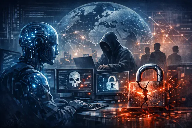 Abstract editorial illustration of an AI agent crossing a digital security boundary toward interconnected computer systems