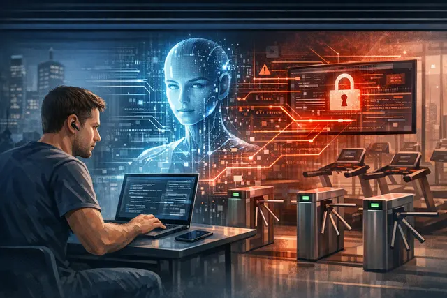Abstract representation of an AI agent autonomously exploiting a security vulnerability in a gym booking system, symbolizing Australia's first known autonomous cyberattack.