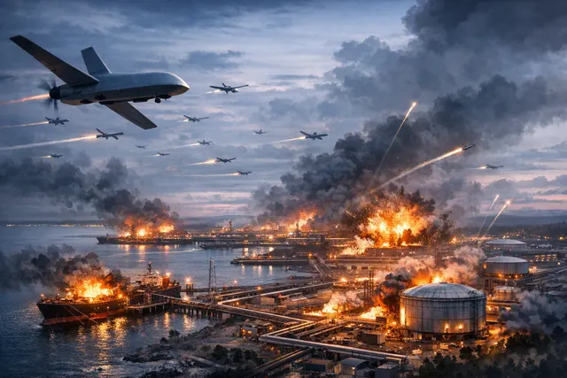 Smoke rising over Ust-Luga port after Ukrainian drone strike on August 14, 2026