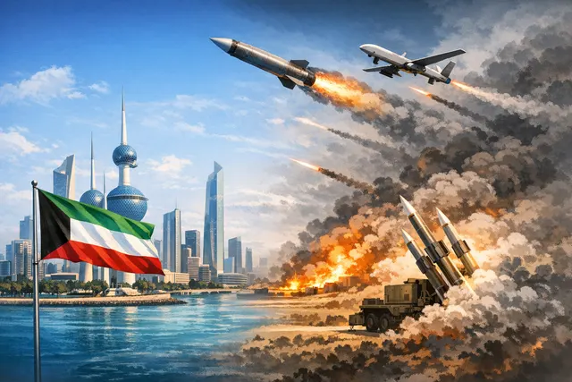 Illustration depicting missile and drone attacks over Kuwait City with a military airbase in the background.