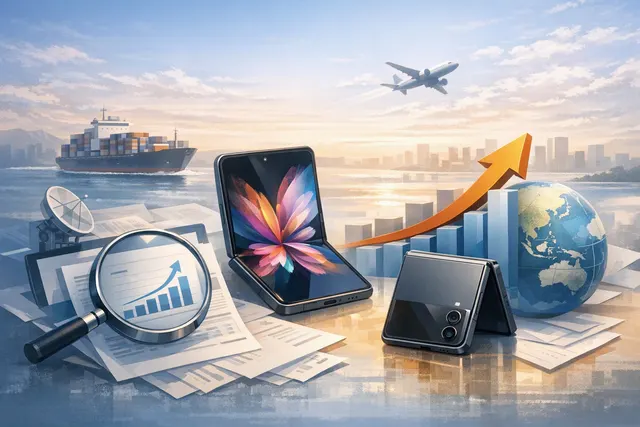 Concept illustration of a foldable smartphone opening, representing the 20% growth forecast for 2026 driven by Apple iPhone Ultra and Samsung Galaxy Z Fold 8.