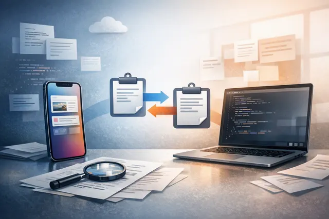 iPhone and Windows laptop side by side with a clipboard icon in the middle, representing cross-device copy and paste sharing