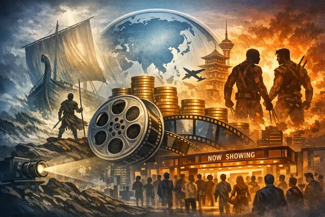 Illustrated editorial image representing Christopher Nolan’s The Odyssey’s record-breaking R-rated box office run