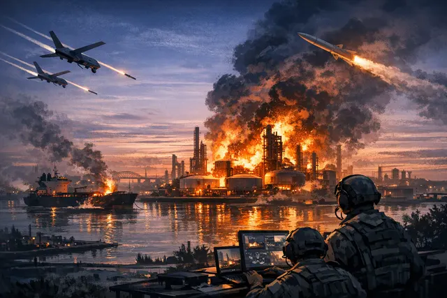 Aerial view of Ust-Luga port in Russia with smoke rising from an oil terminal after a drone strike on August 14, 2026.