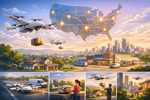 A Wing drone carrying a Walmart delivery bag over a suburban American neighborhood, symbolizing the coast-to-coast expansion of the largest residential drone delivery network.