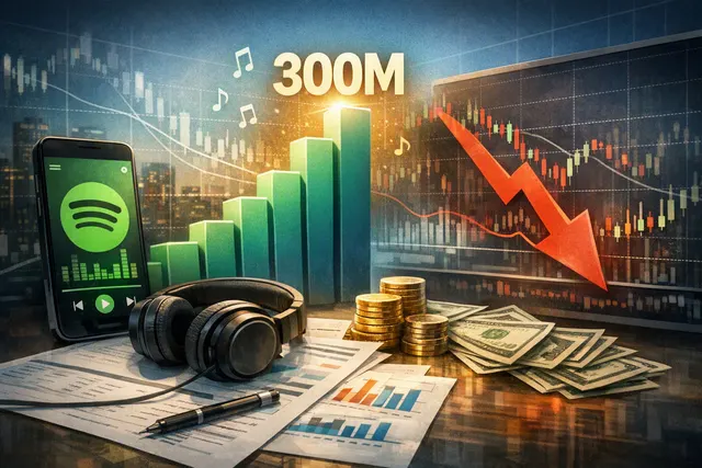 Spotify app interface showing the Talk to Spotify AI assistant and the 300 million Premium subscribers milestone graphic, representing the Q2 2026 earnings report.