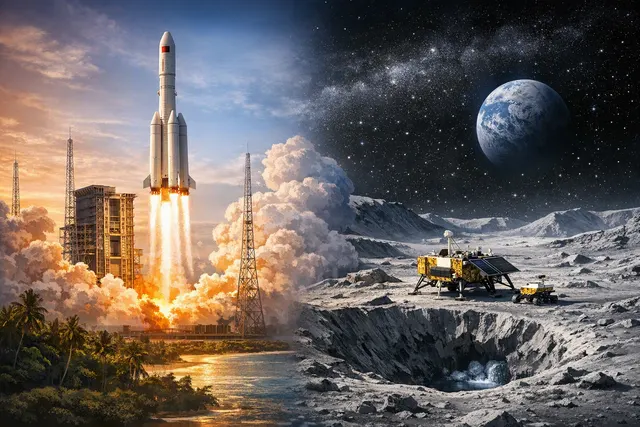 Illustration of China’s Chang’e 7 lunar mission exploring the Moon’s south pole with an orbiter, lander, rover and hopping probe