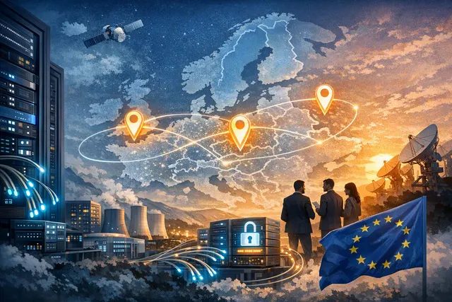 Abstract digital network graphic representing European AI compute infrastructure, data centers, and cloud connectivity across France and Sweden.