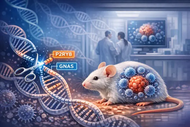 Conceptual illustration of CAR-T cells attacking a solid tumor, representing the discovery of P2RY8 and GNAS genetic edits that enhance tumor infiltration and cancer cell killing.