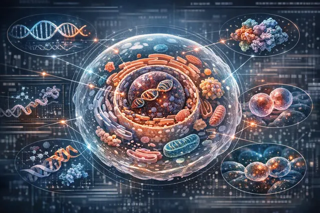 Illustration of an AI virtual human cell connecting DNA, RNA, proteins and whole-cell behavior