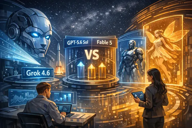 SpaceXAI Grok 4.6 launch announcement with benchmark scores comparing to GPT-5.6 Sol and Claude Fable 5