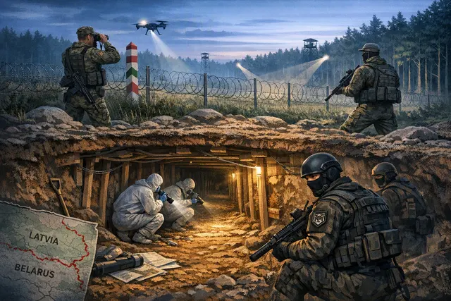 Map of Latvia's border with Belarus highlighting the location of the discovered tunnel and Operation Werewolf