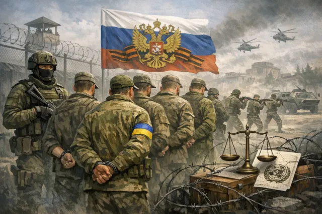 Symbolic representation of the 1st Ukrainian Volunteer Spetsnaz Brigade formed by Russia from Ukrainian prisoners of war, highlighting the breach of the Geneva Convention.