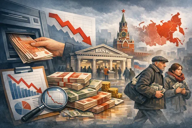 Editorial illustration of Russian banknotes moving out of a bank amid concerns about deposit seizures and wartime financial pressure