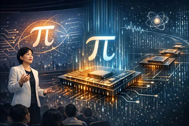 Futuristic abstract visual of a 3D stacked semiconductor chip architecture, glowing with data pathways, representing Huawei's Tau Scaling Law and LogicFolding concept.