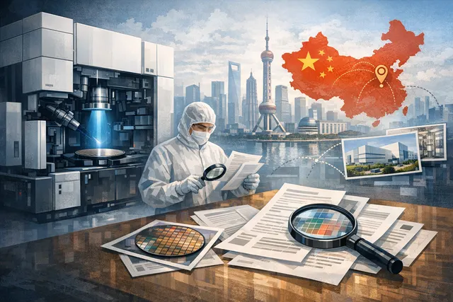 AI-generated illustration of a semiconductor lithography machine in a cleanroom, representing China's domestic DUV lithography breakthrough.
