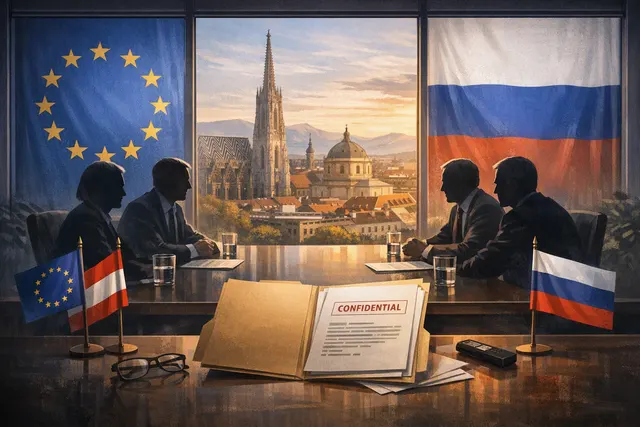 A conceptual image representing secret peace talks in Vienna and Baku between European and Russian officials, with a diplomatic table and national flags