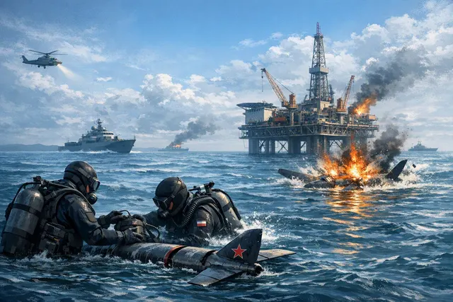 A conceptual image of a military drone silhouette over the Black Sea near an offshore gas platform, representing the Neptun Deep gas project and recent drone incursions.